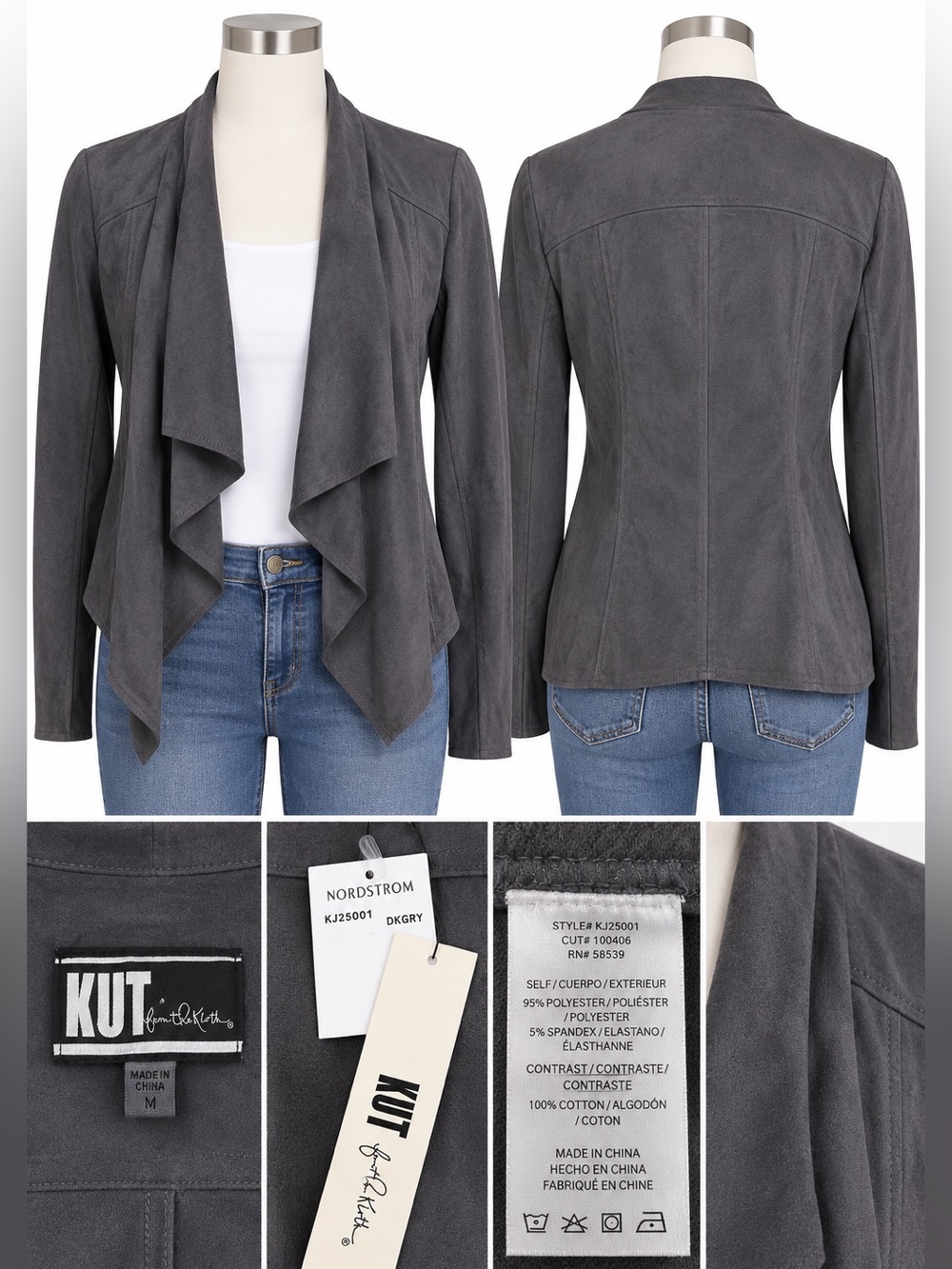 NWT KUT From the Kloth Faux Suede Waterfall Jacket Medium Gray Draped Open Front